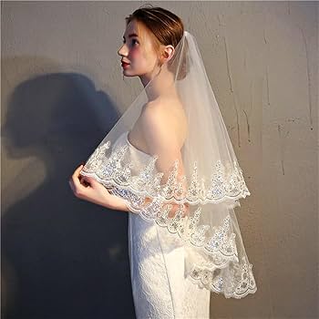 Ursumy Wedding Lace Veil Sparkle Hip Length 2 Tier Soft